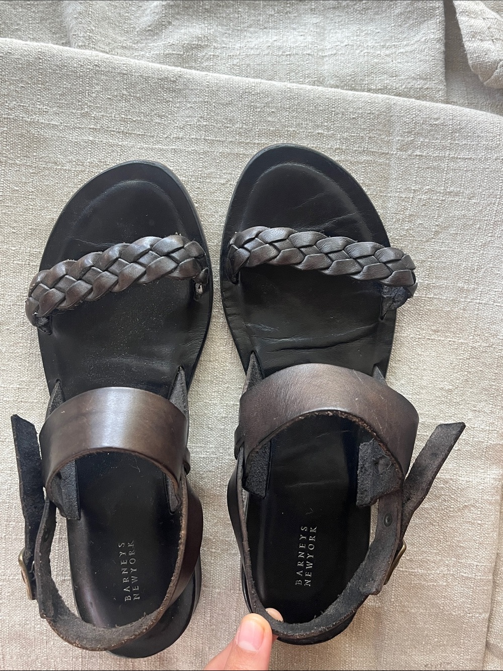 Barneys New York Brown Braided Minimal Leather Boho Ankle Strap Sandals 7.5